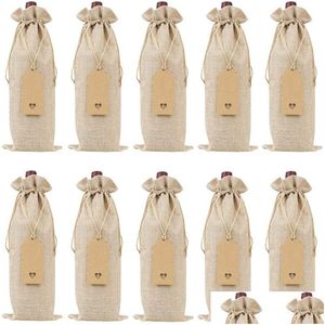 Verpackungstaschen Großhandel 12pcs rustikaler Jute -Sackleinen Wein Dstring wiederverwendbares Flaschenverpackungsgeschenkpaket Bag35x15 Drop Lieferbüro Schoo Dhy42