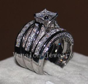 Vecalon Fine Jewelry Princess Cut 20ct 5a Циркон Cz Swarding Ring Set для женщин 14 -километровый кольцо из белого золота 4315526