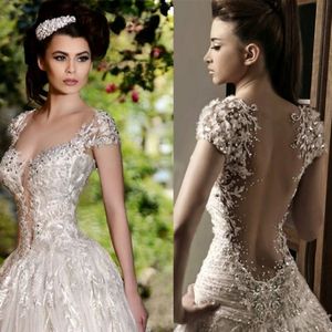 Rami salamoun strass glamouroso renda apliques contas de cristais Flores vestidos de noiva mangas de tampa comprimento de piso vestido de noiva de luxo 292m