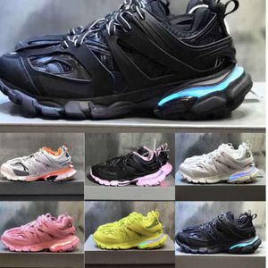 Womens Mens Designer Casual Shoe Track LED Sneaker Clear cinza azul Gomma Couro preto Treinador rosa Nylon Plataforma impressa para homens 3 3.0 Treinadores sapatos