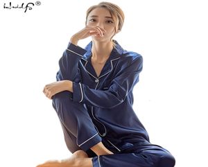 Kobiety jedwabny satynowy piżama piżamę Zestaw Zestaw Zestaw długiego rękawów Pijama piżama garnitur żeński sleep dwupoziomowy zestaw leżaków Plus SH3593777