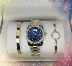 Mit drei Stücken Accessoires Fashion Mens Uhren Auto Date Business Casual Clock Japan Quarz Bewegung Vollstahlstahl Diamanten Ring Uhrengeschenke