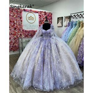 Purple Princess Ball Gown Quinceanera Dresses With Cape Flowers Appliques Beads Vestidos De 15 Anos Sweet 16th Dress