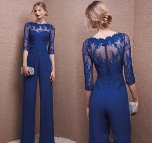 2017 Plus Size Royal Blue Pant Anzug Abendkleid mit Spitzenschläfen Mutter Jumpsuit Chiffon Cocktail Party Mutter der Brautkleid Cu2657956