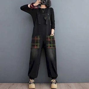 Kobiety Jumpsuits Rompers Dżinsowe kombinezony dla kobiet w kratę drukowane w stylu koreański harajuku kombinezon jedno kawał