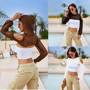 Women's T Shirts Elegant White Hooded Knit Shirt Hollow Out Crop Tops Upgrade Your Wardrobe