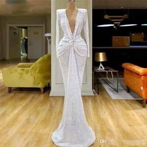 Sexy White Mermaid Evening Dresses Deep V Neck Beads Long Sleeve Sequined Prom Party Dresses Ruched Waist robe de soiree CG001 192Q