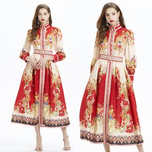 Designer Women Red Vintage Floral Maxi Dress Long Sleeve Luxury Ethnic Style Print Button Shirt Dresses Stand Collar Ladies Casual Party Cocktail Robes Clothes 2024