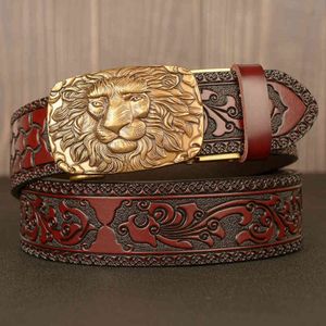 أحزمة Domineering Male Lion Head Automatic Buckle Men's Real Leathure Leisure Tang Grass Pattern Prounded Blouser Fashion 197H