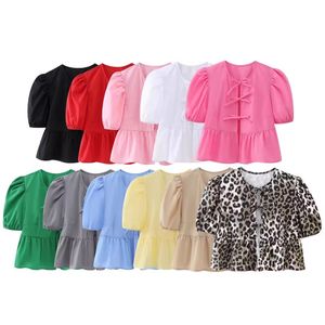 New design women short puff sleeve o-neck bow patched candy color hollow out sexy cute summer shirts tops XSSML
