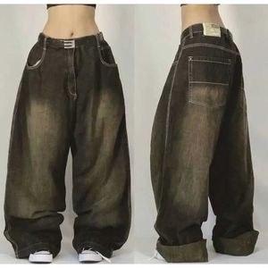 Kvinnors jeans street retro jeans nya y2k harajuku tvättade blå multi ficka jeans herrar hög midja breda fickor2405