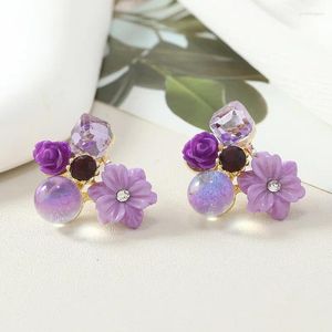 Orecchini per borchie Orecchi alla moda di fiori viola per donne 2024 Gioielli per la festa di nozze di cristallo coreano di trendy coreano