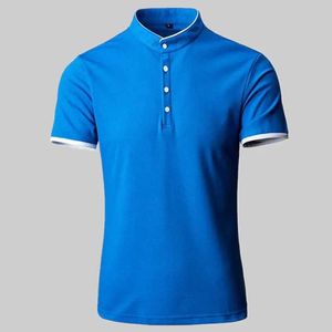 Marca de moda de polos masculino Camisa polo masculino colarinho mandarim slim fit cor de cor sólida Botão respirável Camiseta casual Q240509