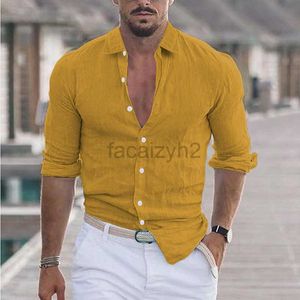 Men's T Shirts Plus Tees & Polos 2024 new men's summer cotton and linen lapel beach shirt long sleeved solid color Hawaiian holiday clothing Plus Tees