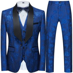 Fashion Mens Casual Business Wedding Flower Suits Coat Trousers 3 Pcs Set Male Printed Dress Blazers Jacket Pants Vest 240507