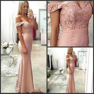 2019 New Blush Pink Mermaid Bridesmaid Dresses Off Shoulder Cap Sleeves Lace Top Backless Long Floor Length Evening Gowns 285W