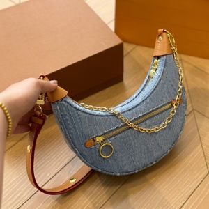 Lyxdesigner Loop Hobo denim axelväska kvinnor läder handväska vintage crossbody halvmåne croissant väskor elegant design satchel plånbok plånböcker