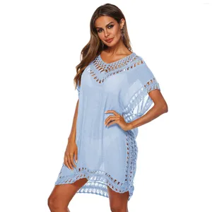 European American Spring Summer V-ringning Handkrok Skarande ihålig lös Beach Bikini Blus Sunscreen Smock Blue