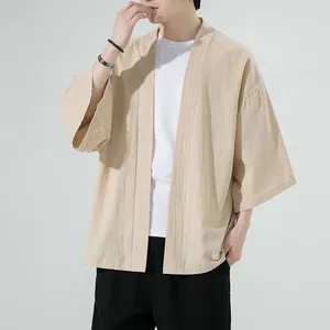 メンズカジュアルシャツチャイニーズスタイルの着物カーディガンルーズコットンリネン3クォータースリーブオープンステッチサマーシャツアウトウェア