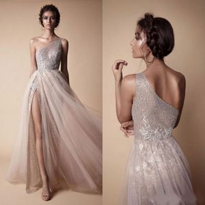 Berta 2020 Sexy High Side Split Sequined Wedding Dresses Bohemian One Shoulder Lace Appliqued Bridal Gowns vestido de novia 285L