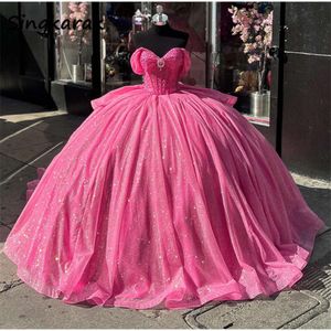 Księżniczka Pink Quinceanera Sukienki gorset brokatek koraliki dhinestones przyjęcie urodzinowe Sweet 16 sukienka suknia balowa