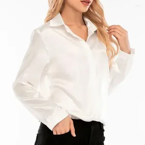 Blouses femininas Menina da primavera Roupas elegantes da moda de blusa de cetim Turn Down Down Collar Silk Shirt vintage White Long Sleeve Tops Lady Blusas