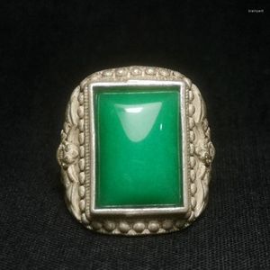 Dekorative Figuren Ornamentskollektion Old handgefertigtes China Tibet Silber Bat Inlay Green Jade Ring