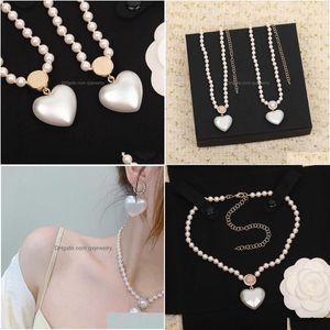 Bracelet, Earrings & Necklace 2022 Brand Fashion Jewelry Women Pearls Chain Party Light Gold Color Heart Choker White Pink Beads Luxu Dhuck