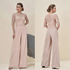 Jumpsuits Lace Mother Of The Bride Pant Suits Bateau Neck Half Sleeves Wedding Guest Dress Chiffon Plus Size Mothers Groom Dresses 215Y
