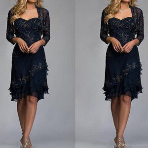 Dark Navy Mutter der Brautkleider mit Jacke billige Spitze Hochzeit Gastkleid Knie Länge Plus Größe Mütter formelle Kleidung 3090