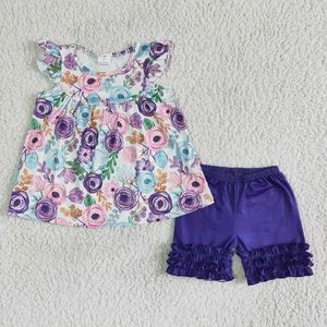 Zestawy odzieży Letnie Oczy modne kwiat latające rękawy fioletowe szorty koronkowe Zestaw hurtowe butik ubrania dla dzieci