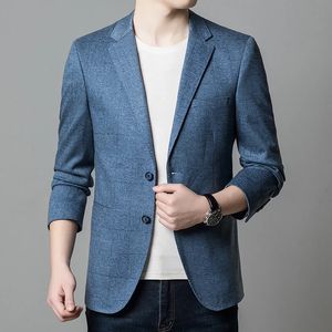 Uomini in stile coreano blu grigio grigio Slimt blazer scuro schema a scacchi cappotto in tessuto per tessuto maschio abiti per il tempo libero primavera autunno 240507