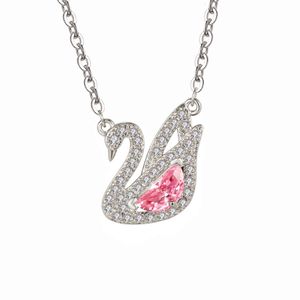 Korean Half Moon Pink Diamond White Swan Pendant Necklace Fashion Full Diamond Sweet and Elegant Set Chain ClaVicle