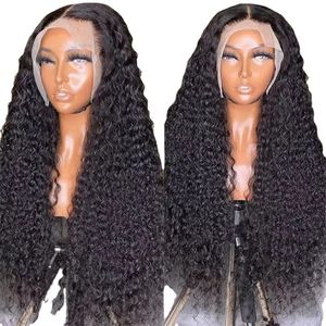 Black Color Loose Deep Wave African Human Hair Wigs 22 to 30 Inch Transparent Synthetic Curly Lace Front Wig For Women Girls