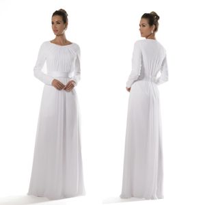 White Chiffon Temple Modest Bridesmaid klänningar med långa ärmar brudar informella mottagningsklänningar a-line golvlängd ny anpassad 268J