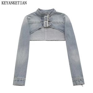 Keyanketian Autumn Womens Extra Short Buttonup Denim Jacket Gothic Oneck Long Sleeve Slim Asymmetrical Crop Top 240423