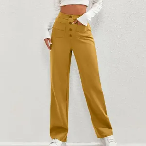 Calças femininas Primavera Macicultura do verão Carga alta de cintura alta com bolsos de decoração de botões de cor sólida em reto largura para streetwear