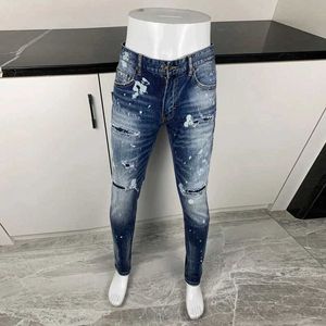 Herr Jeans High Street Fashion Mens Vintage Blue Elastic Slim Fit Open Front Designer Hip Hop Brand Pants Hombre Q240509