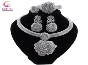 Dubai Women Silver Plated Smycken Set African Wedding Bridal Ornament Presents for S Arab Necklace Armband Earrings3284401