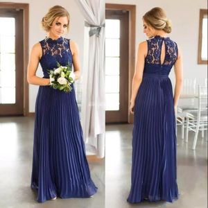 Navy Blue Boho Country Long Bridesmaid Dresses 2020 High Neck Keyhole Back Lace Chiffon Pleated Maid Of Honor Gowns Wedding Guest Dress 275A