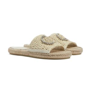 Frauen Kristall gewebte Hausschuhe Gleitschieberie Hanf Seil gewebte Designerin Sandalen Kristall Flat Slipper Sommerschuh Schaffell Komfort Gummi Open Tobe Slipper Outdoor Schuh