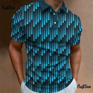 Herrpolos 3D Geometric Printed Mens Polo T-shirt Fashionable Lapel kortärmad skjorta överdimensionerade casual knapptoppkläder Q240509