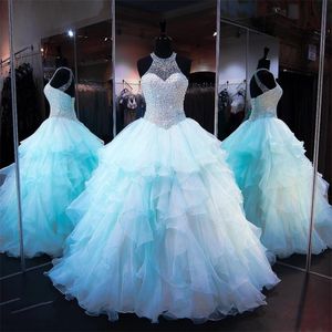 Ruffled Organza kjol quinceanera klänningar 2023 med pärlpärlad bodice ren hög hals spets upp backless ljus himmel blå prom puffy boll 252o