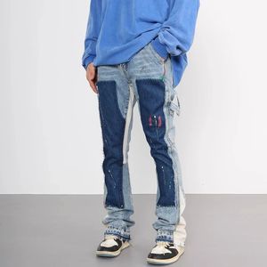 Sıkıntılı sıçrama mürekkep parlaması kot pantolon kentsel sokak kıyafeti yaması erkek grafiti geniş jean hip hop yıkanmış mavi ince fit denim pantolonlar erkek 240510