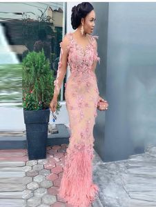 Pink Long Sleeve Feather Applique Beaded Mermaid Evening Dress Prom Show Party Bridesmaid Aso Ebi Style2354095