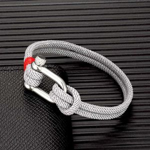 Charm Bracelets MKENDN Men Minimalist Double Strand Nautical Gray Rope Bracelet Nylon Buckle Shackle Bracelet Navy Anchor Jewelry For Women Y240510