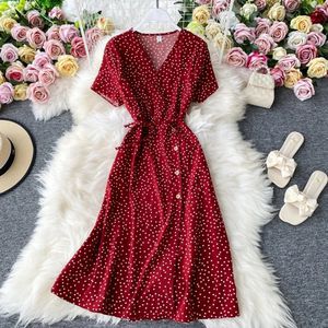 2024 Buttons Red elegant sexy Dres Summer Vneck polka dot midi dress waist split vestidos de fiesta clothes 240509