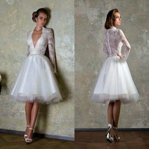 Lace Little White Long Sleeve Dresses 2017 Deep V Deck Drity Bridal Ordals A Line Tier Knee Lene Dresses 2743
