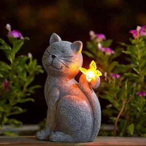 Solar Cat Outdoor Statues Garden: Outside Decor with Butterfly Clearance Yard Art Lawn Ornaments Porch Patio Balcony Home House - Birthday Gifts for Grandma Mom