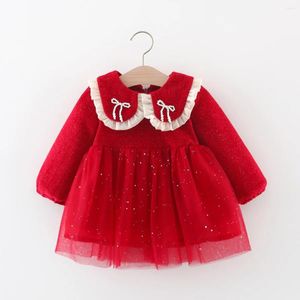 Girl Dresses Winter Girls Dress Baby Large Lace Bow Bow String Mesh Splicing Colore Solido a maniche lunghe